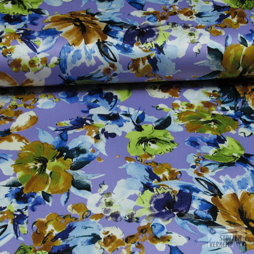 Satijnkatoen Stretch Bloemen Lila