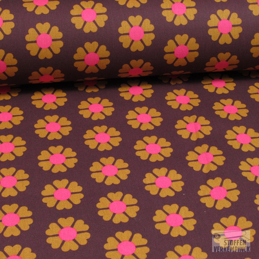 Coated Cotton Retro Flowers Dark Bordeaux