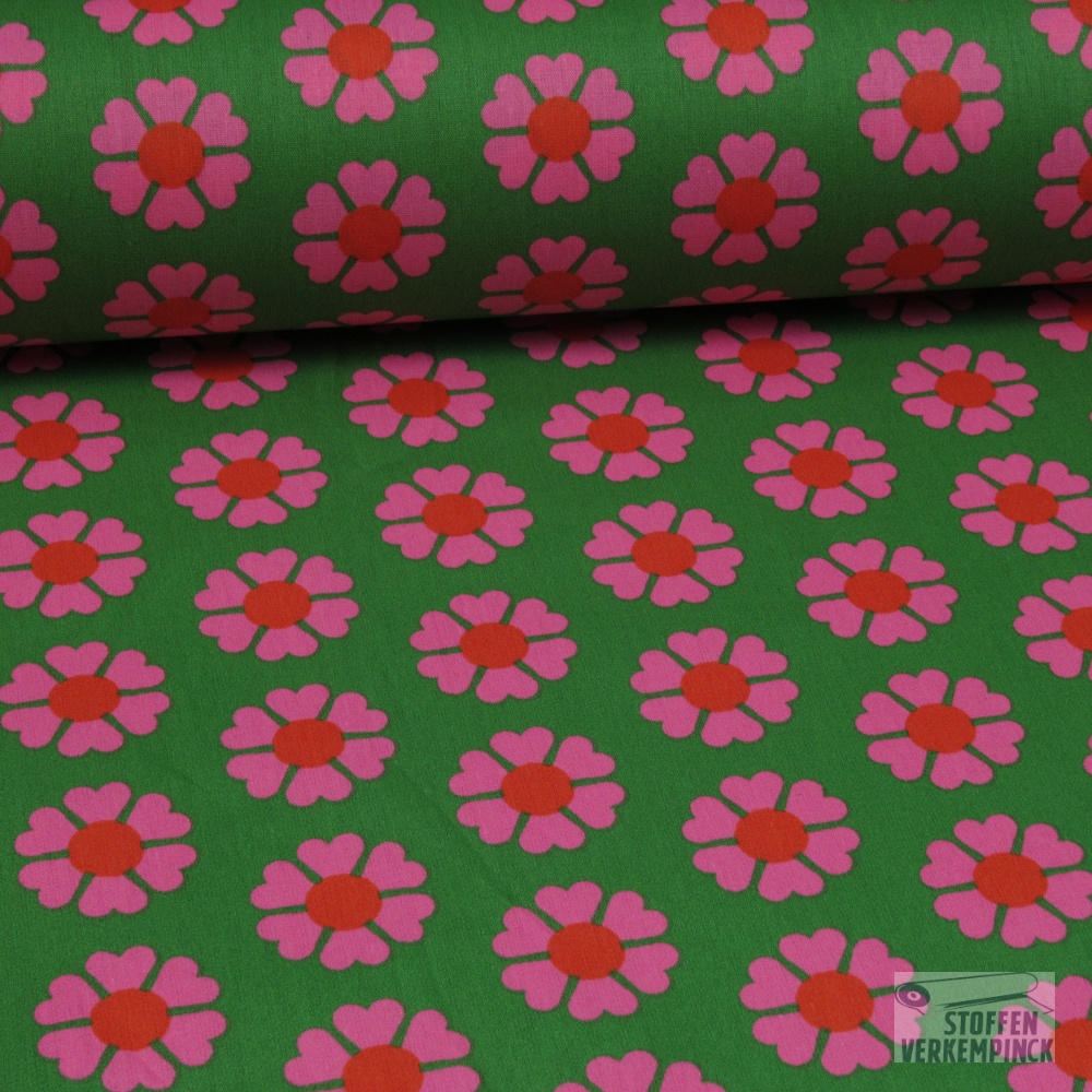 Coated Cotton Retro Flowers Groen