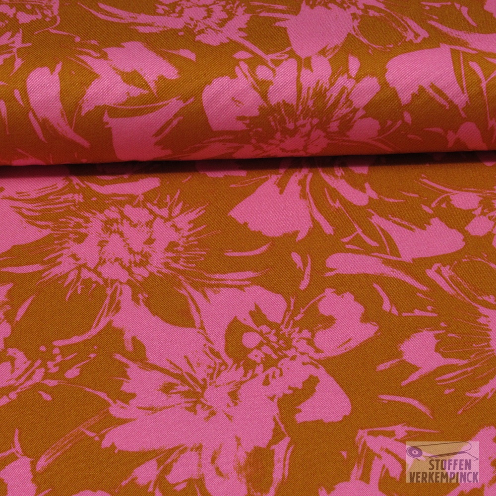 Visco. Twill Stretch Big Flowers Olijf/Rose