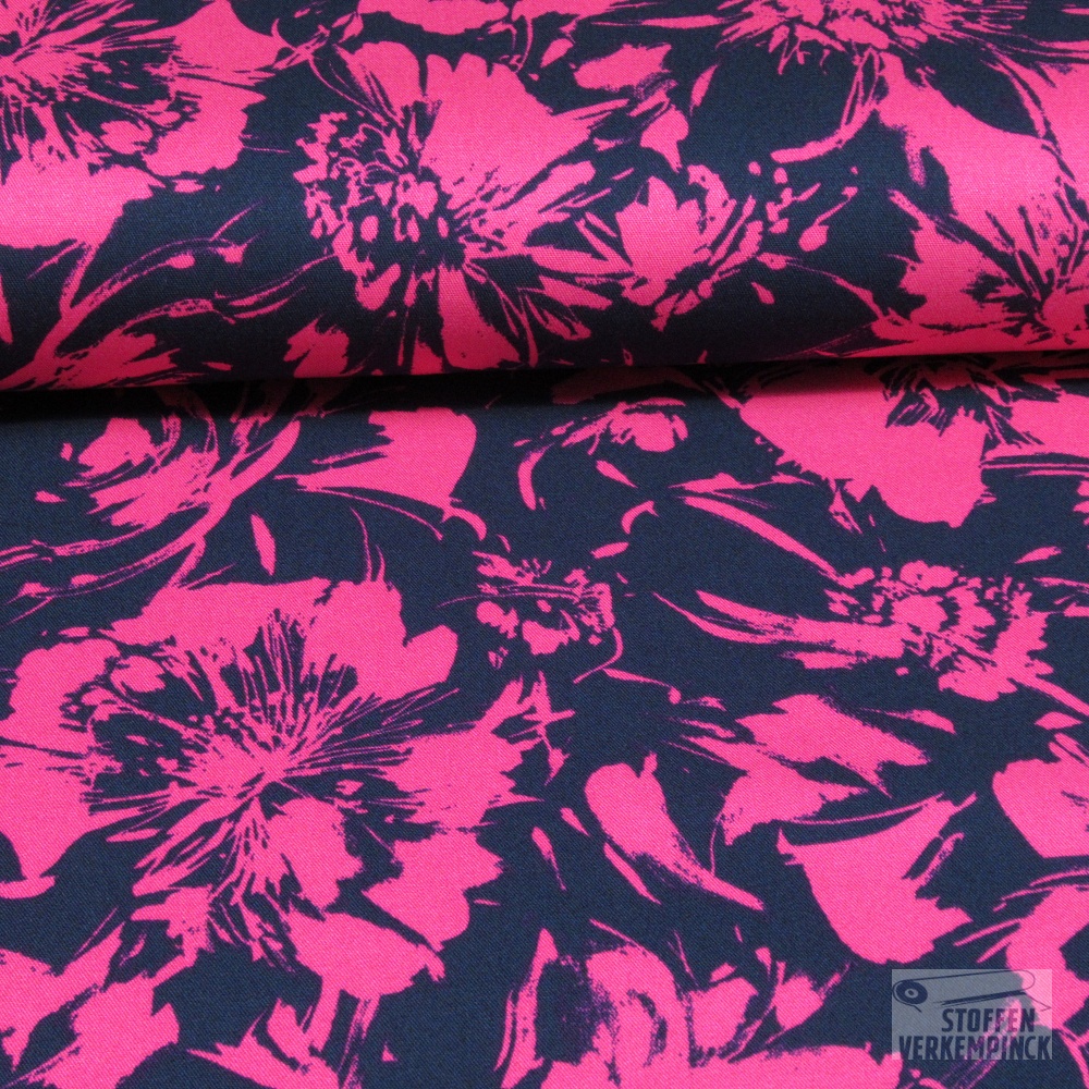 Visco. Twill Stretch Big Flowers Navy/Pink