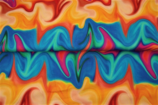 Viscose Digital Arty Waves Oranje/Aqua