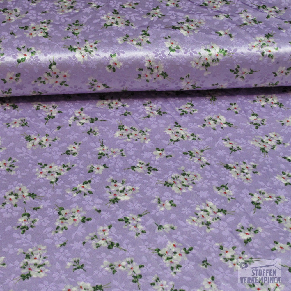 Stretch Polye. Jacquard Bloempjes Lila