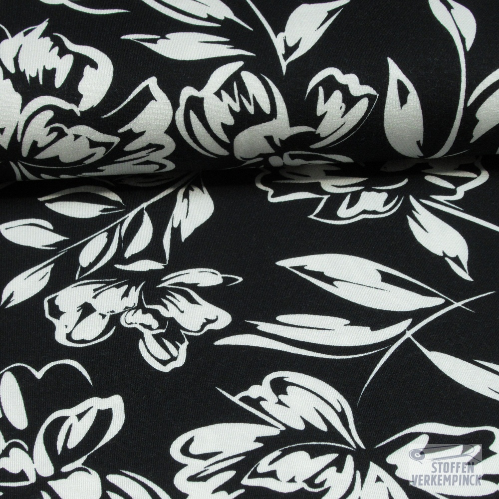 Jersey Viscose Bloemen Black and White