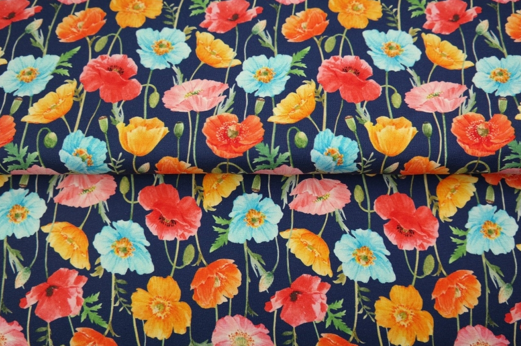 Jersey Digital Colourfull Poppy's - Navy