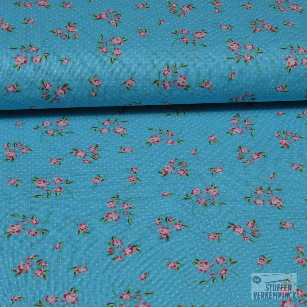 Popeline Print Roosjes / Stippen Turquoise