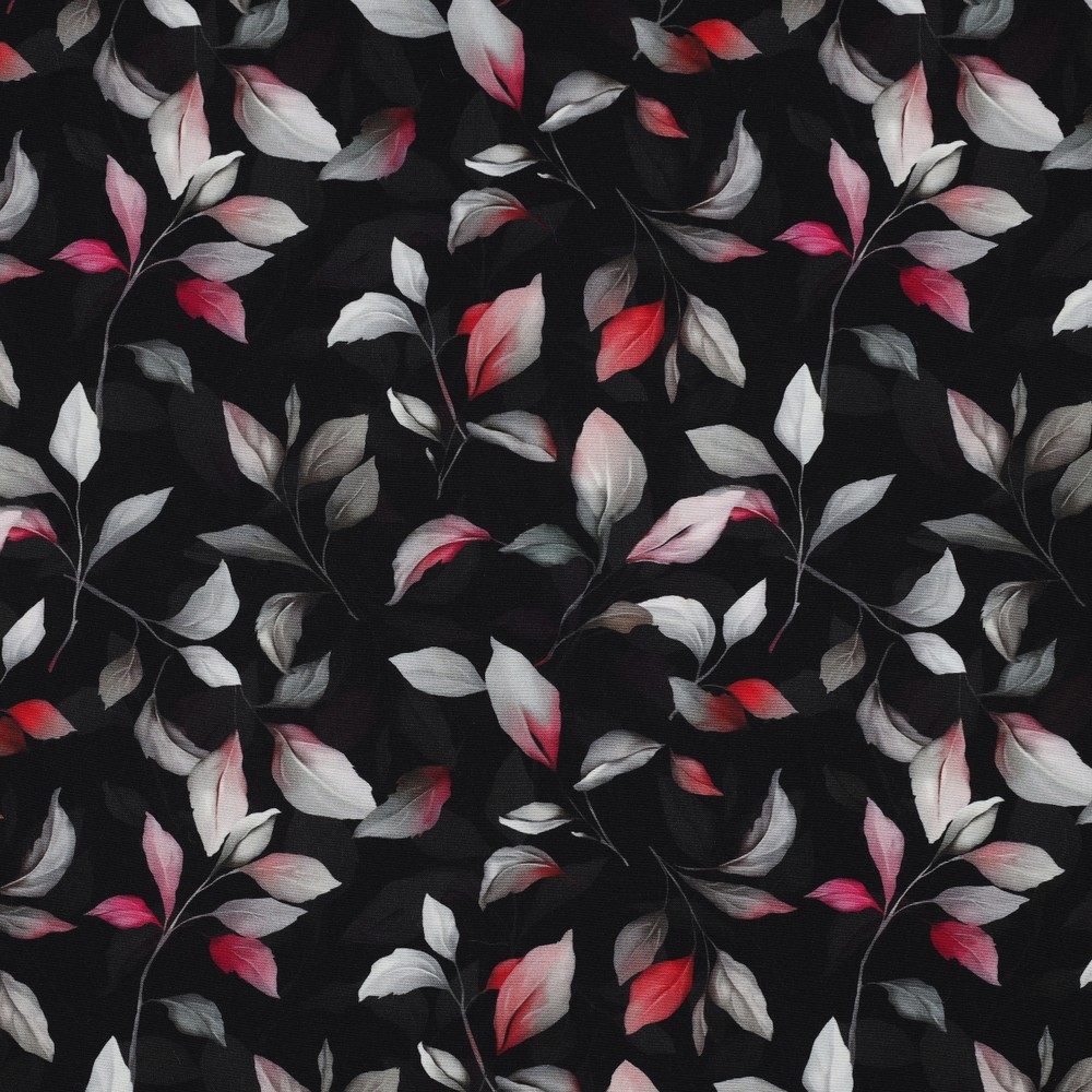 Viscose Poplin Stretch Leaves Black
