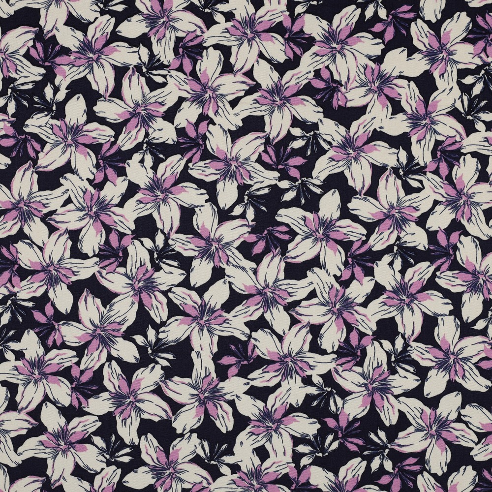 Viscose Twill Stretch Lila Flowers on Navy