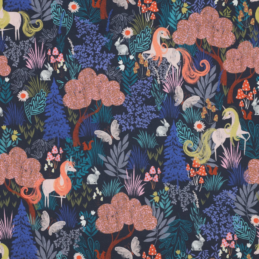 Fine Popeline Digi. Unicorns Navy