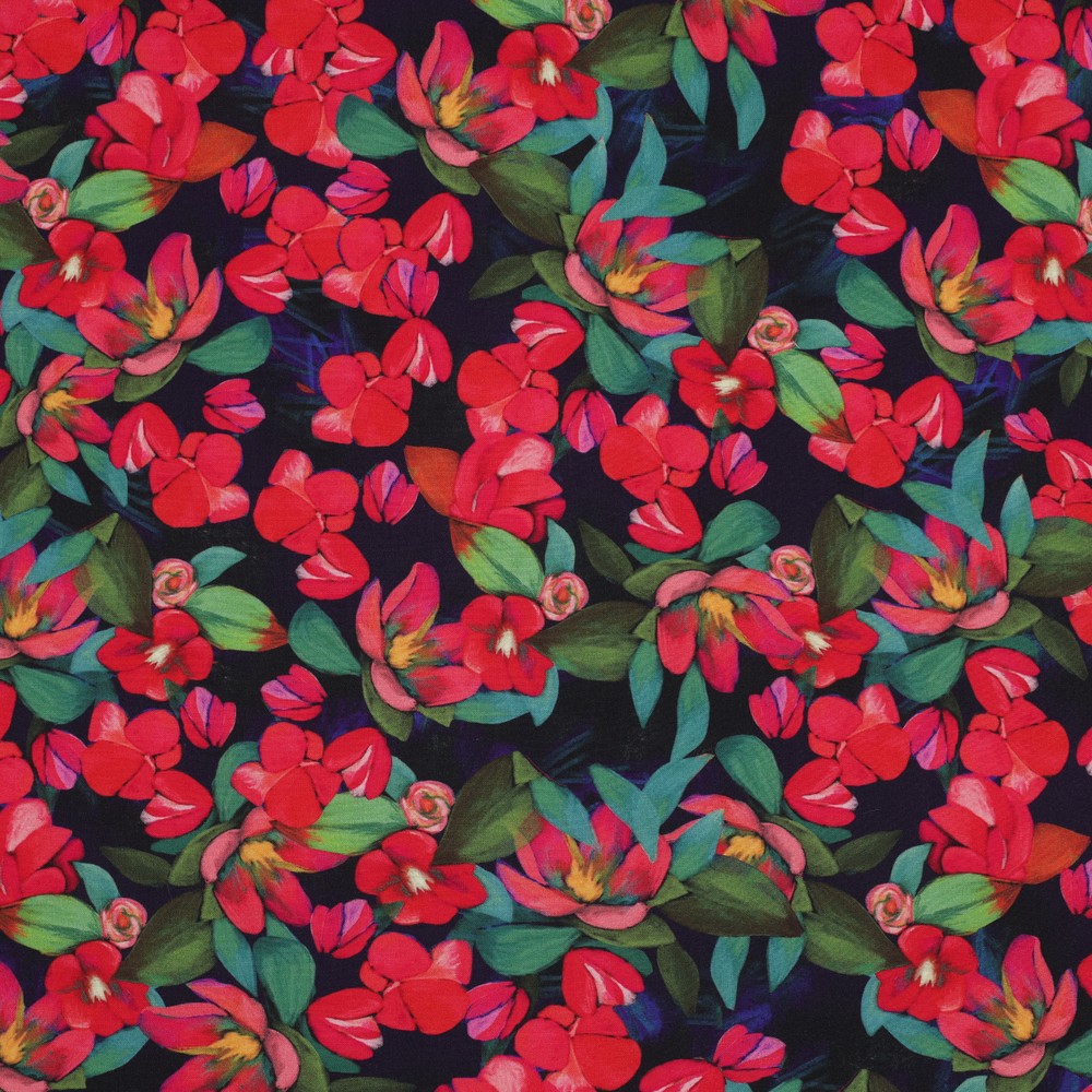 Viscose Digital Red Flowers on Navy