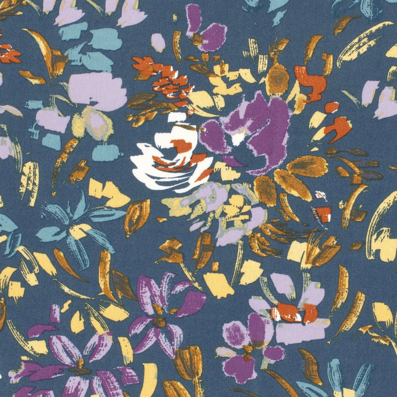 Viscose Poplin Abstract Flowers Denim