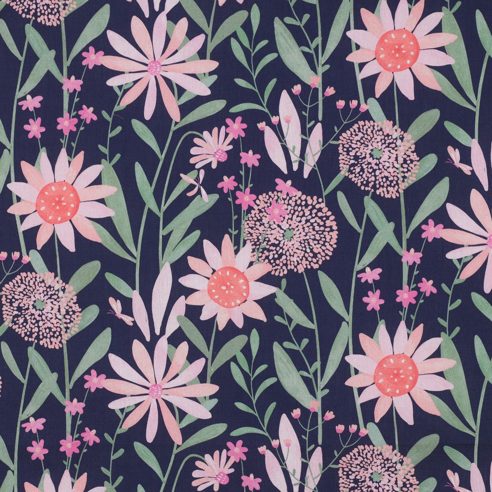 Fine Poplin Digital Field Flowers Navy