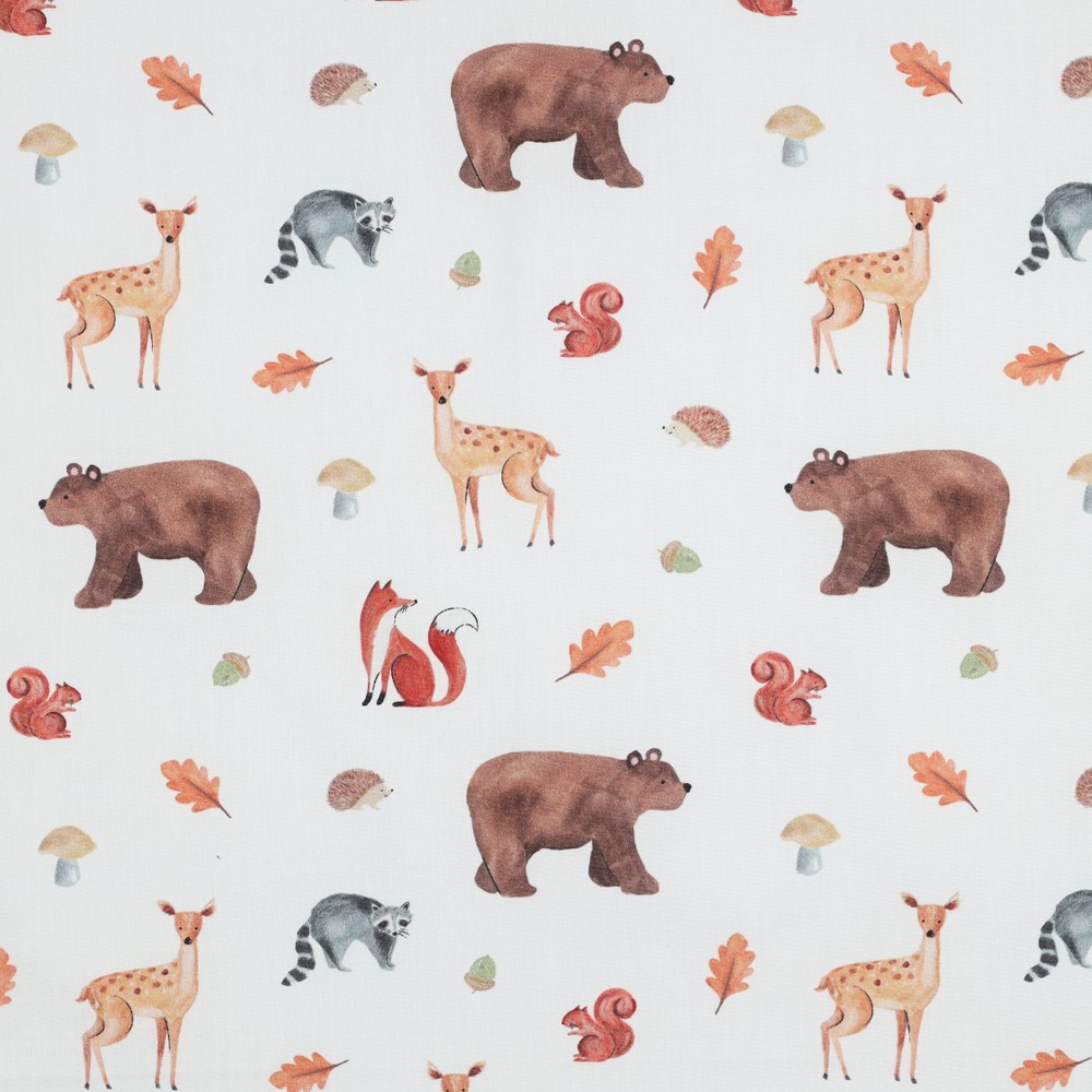Fine Poplin Digital Forest Animals White