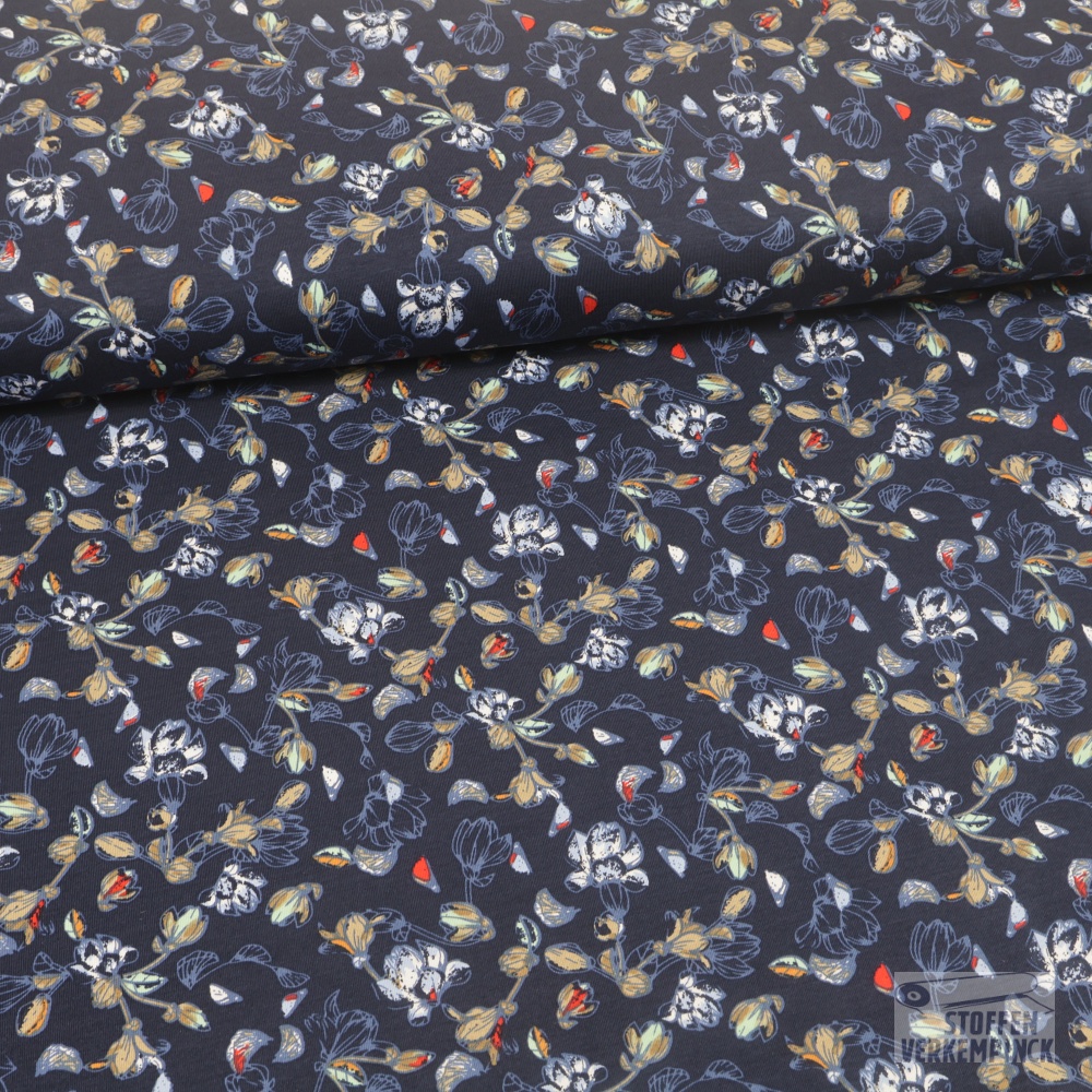 Katoen Jersey Bloemdessin Navy