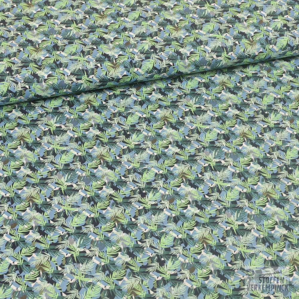 Popeline Blaadjes Blauw/Groen