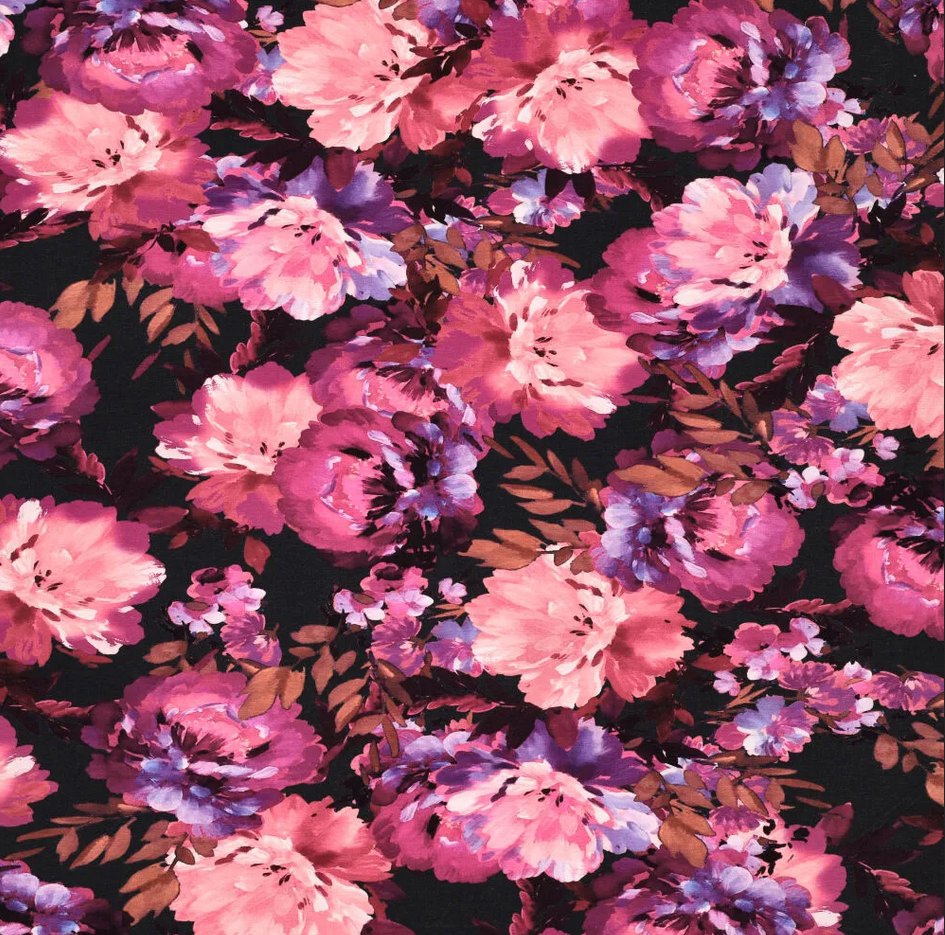 Viscose Jersey Bold Painted Flowers Fuchsia