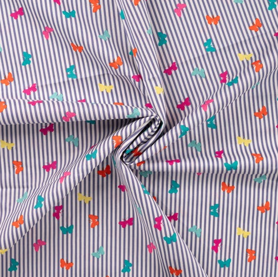 Popeline stretch Stripes & Butterflies Navy
