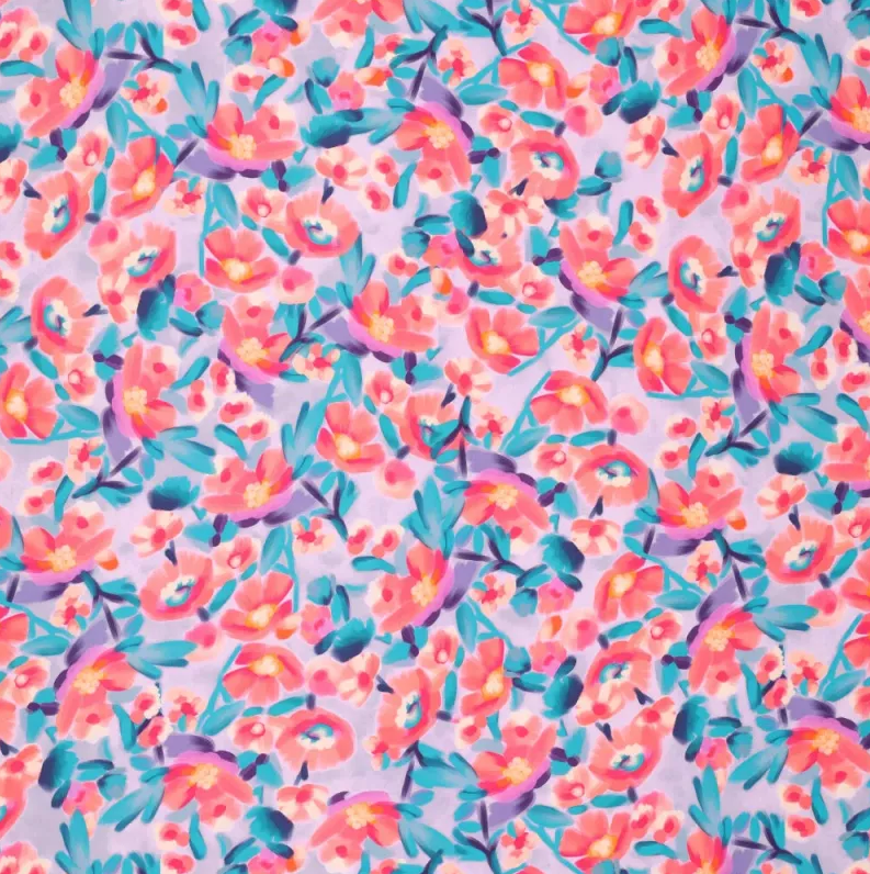 Stretch poplin Pink Flower on Lila