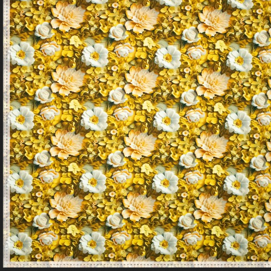 Viscose Jersey 3D Floral Ochre/White