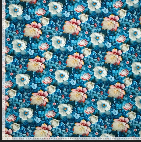 Viscose Jersey 3D Floral Blue/Wine/White