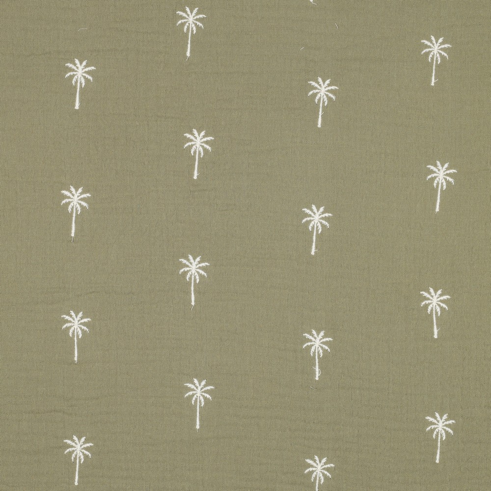 Double Gauze Embroidery Palm Trees Moss Green