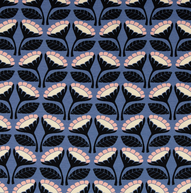 French Terry Retro Flowers Jeansblue