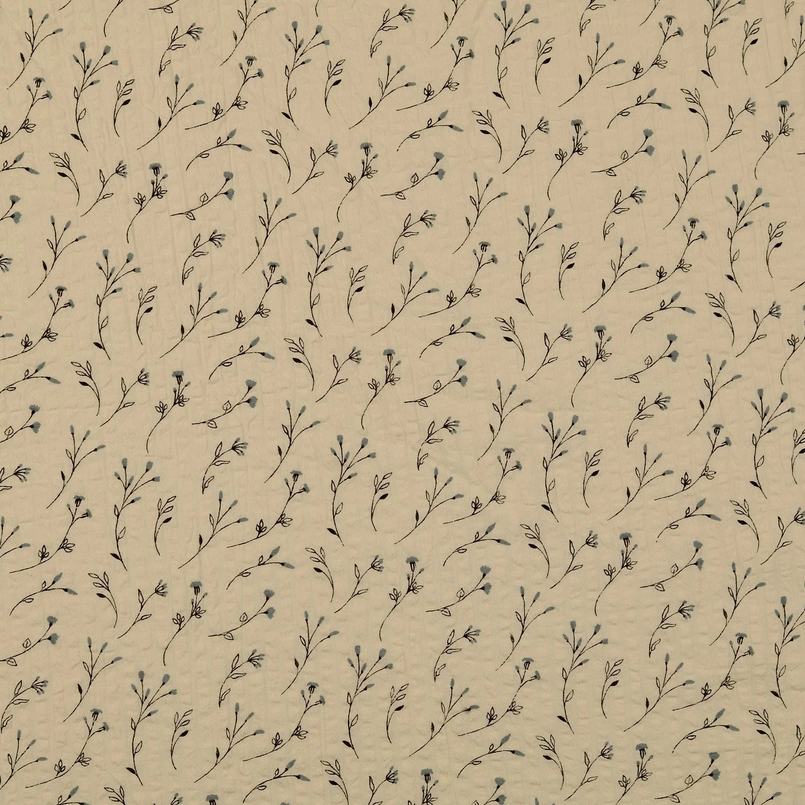 Cotton Seersucker Blossoms Ecru/Bluegrey