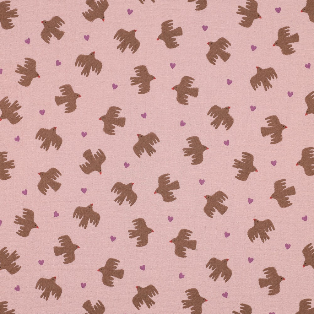 Double Gauze Bio Birds Soft Rose