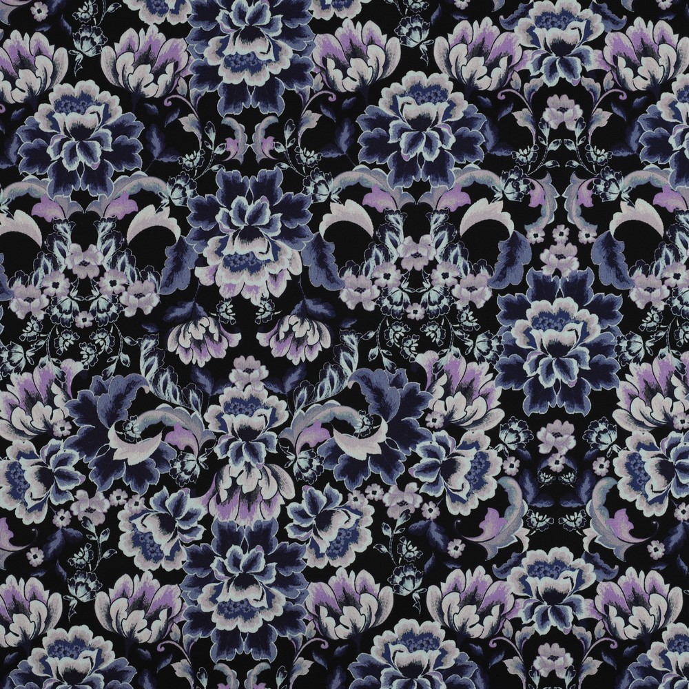 Cotton Satin Digital Flowers Black