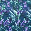 Viscose Satin Digital Leaves & Blossom Blue