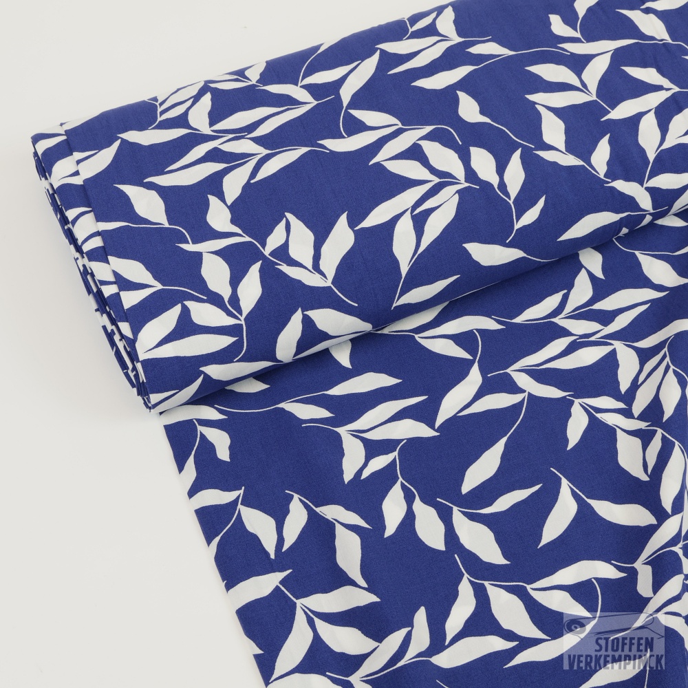 Viscose Poplin print bladeren - Royal