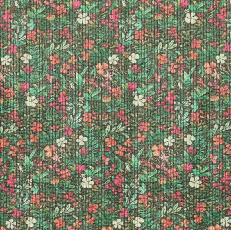 Stretch Corduroy Digiprint Flowers - Green