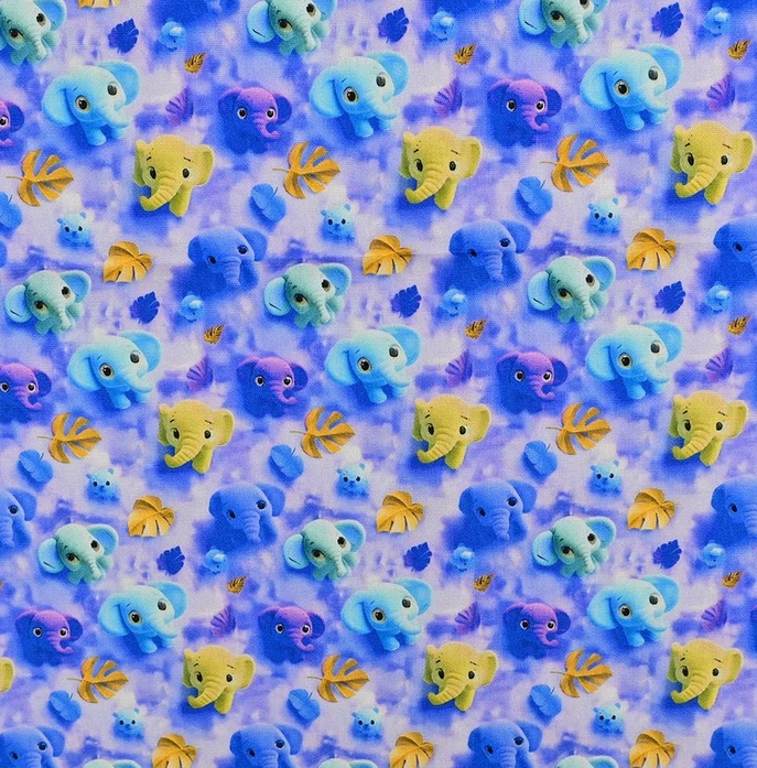 Katoen poplin 3D Elephant Blue