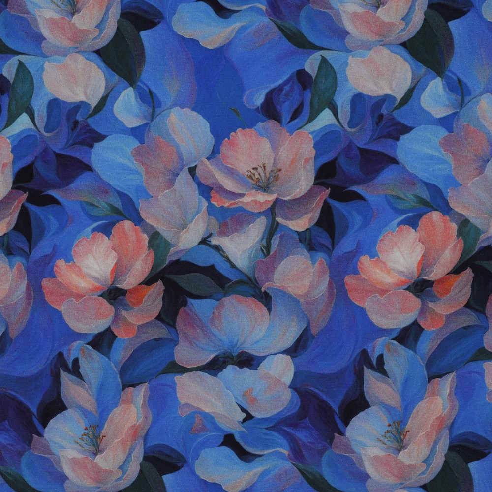Viscose stretch Digital Pink Flowers on Blue