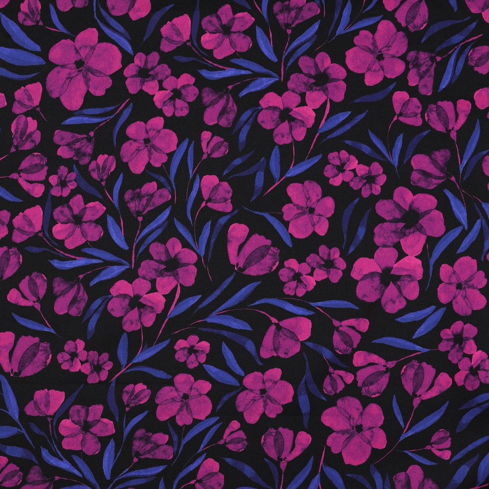 Cotton Satin Digital Fuchsia Flower / Blue Leaves