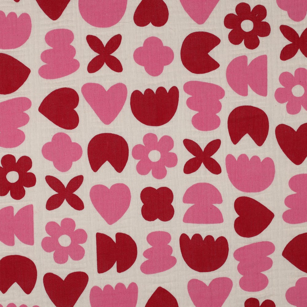 Double Gauze Bio Love shapes Fuchsia/Ecru