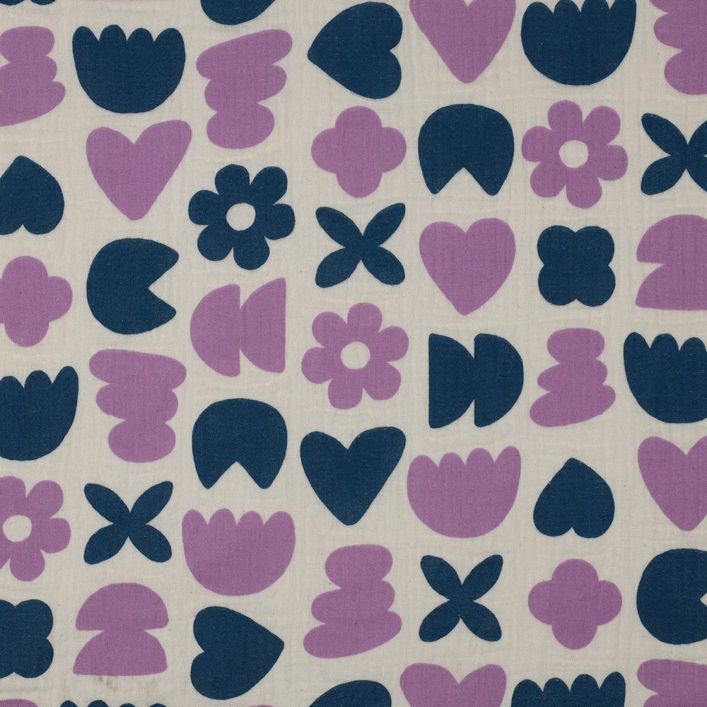 Double Gauze Bio Love shapes Petrol/Ecru