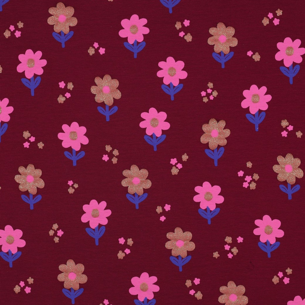 Jersey Glitter Flowers Bordeaux