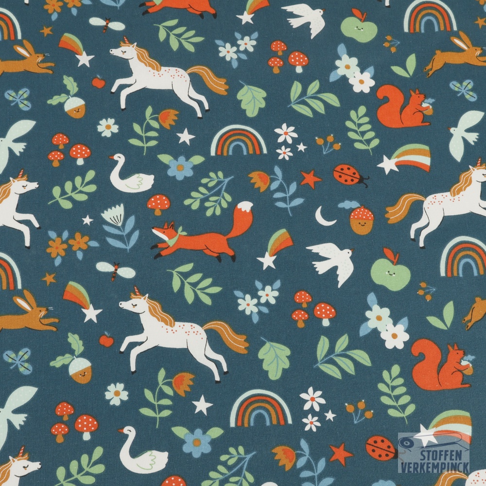 Katoen Cretonne Eenhoorn Petrol