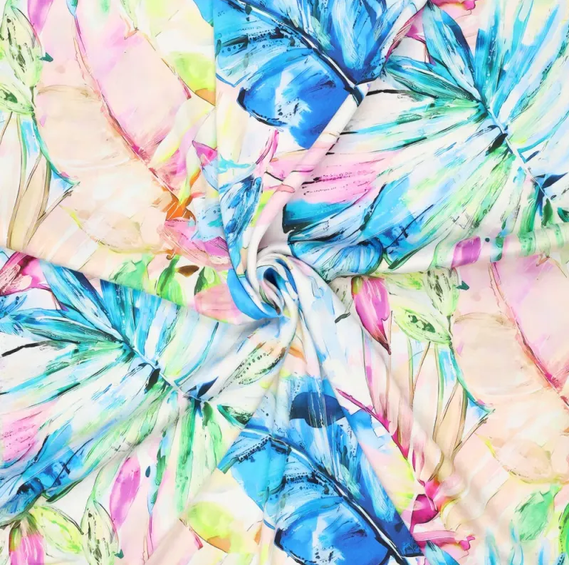 Cezanne Silky Viscose Satin Stretch Maxi Leaves Blue/Rose