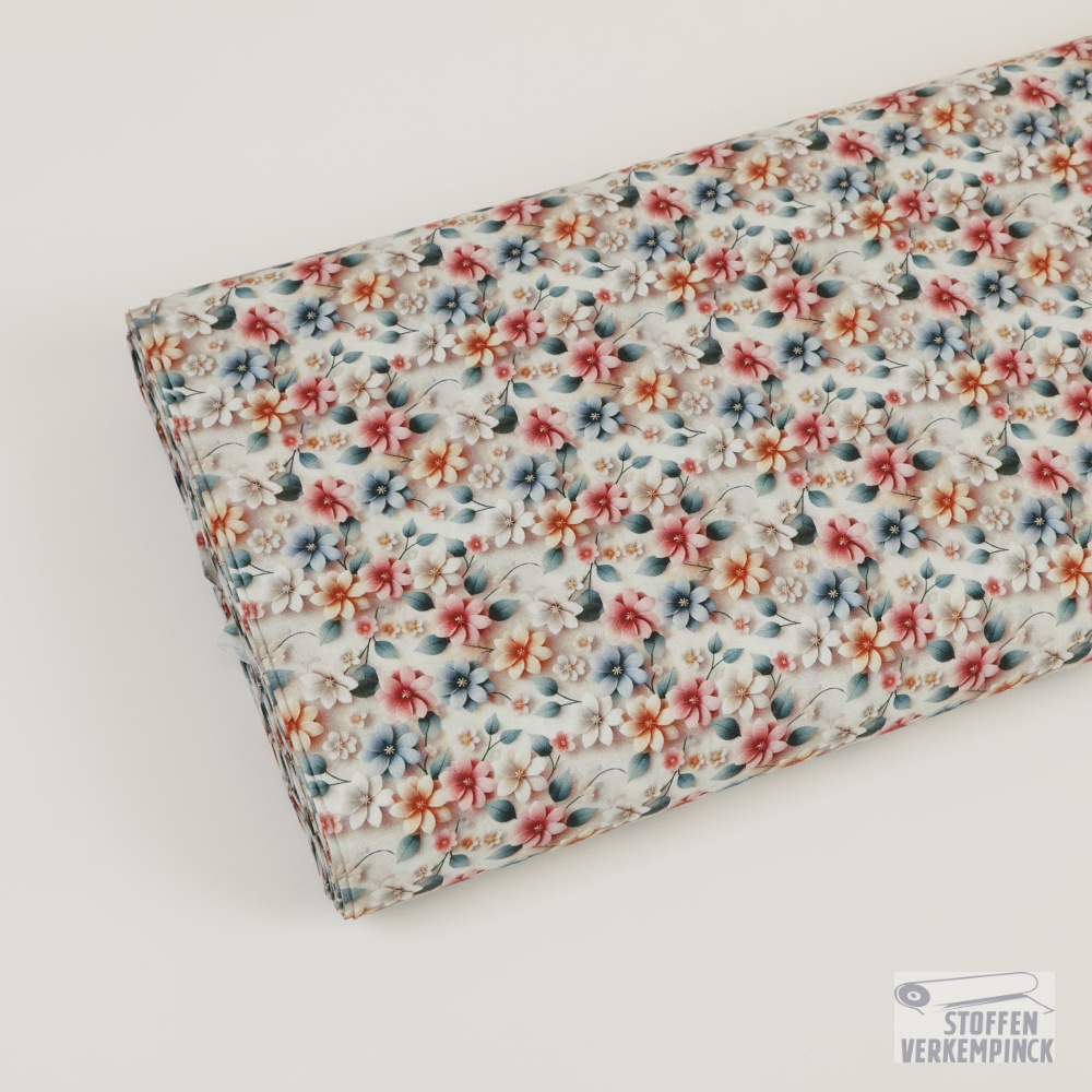 Poplin 3D Digital White, Blue and Rose Flowers