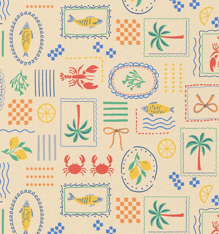 Katoen Fruits de Mer /Palmiers Ecru