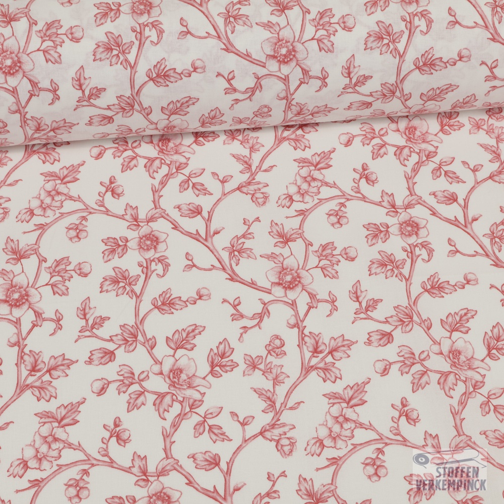 Katoen Percale Bloemranken Rood