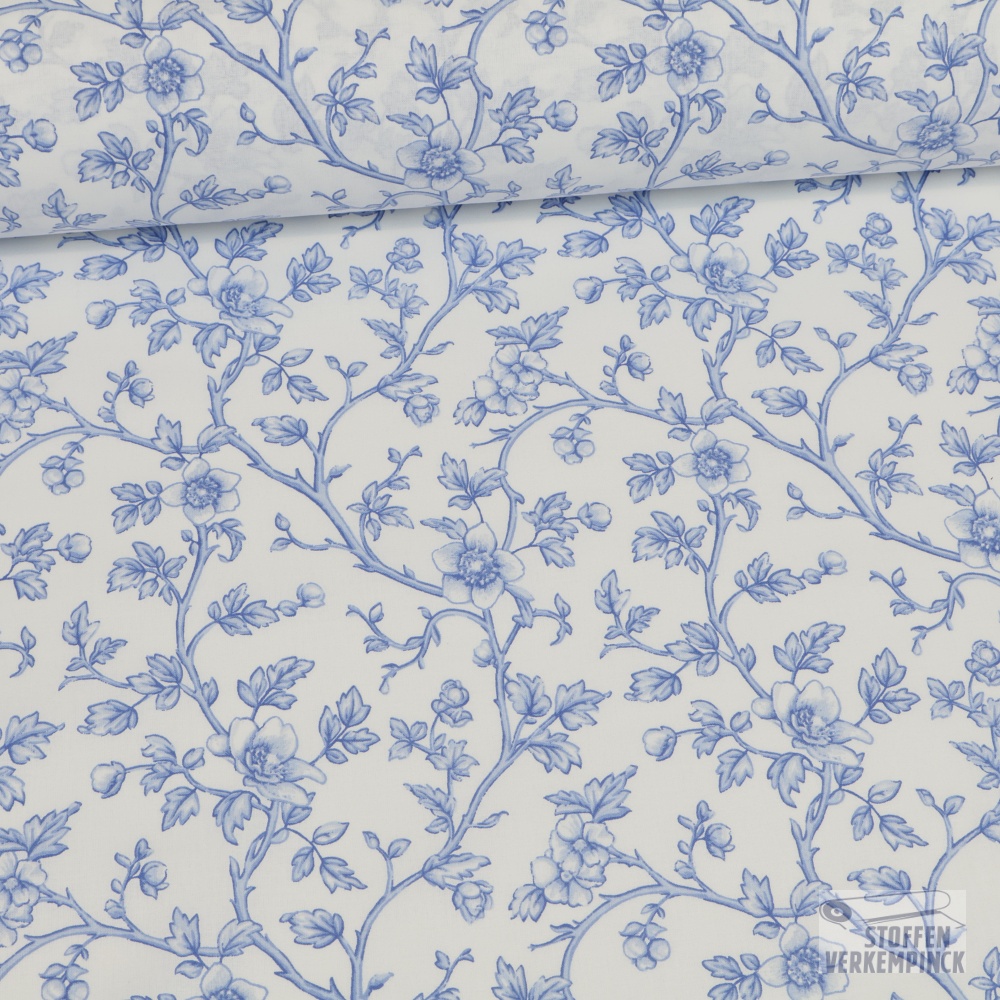 Katoen Percale Bloemranken Blauw