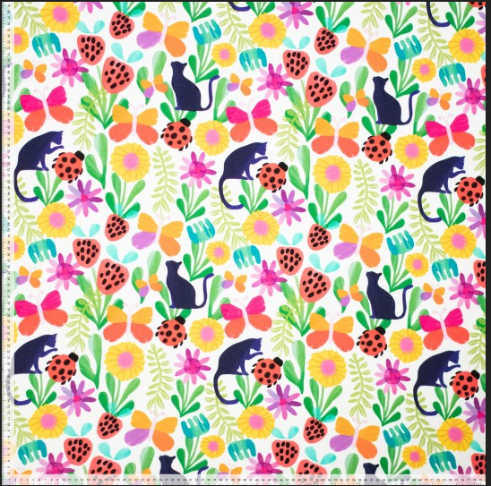 Jersey Katoen Digital Cats and Flowers Off White