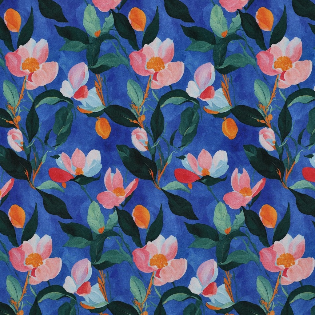 Viscose Stretch Digital Flowers Cobalt