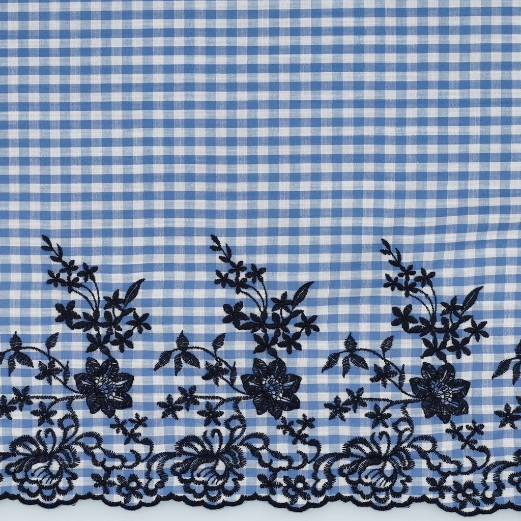 Cotton Check one side Embroidery Border Light Blue
