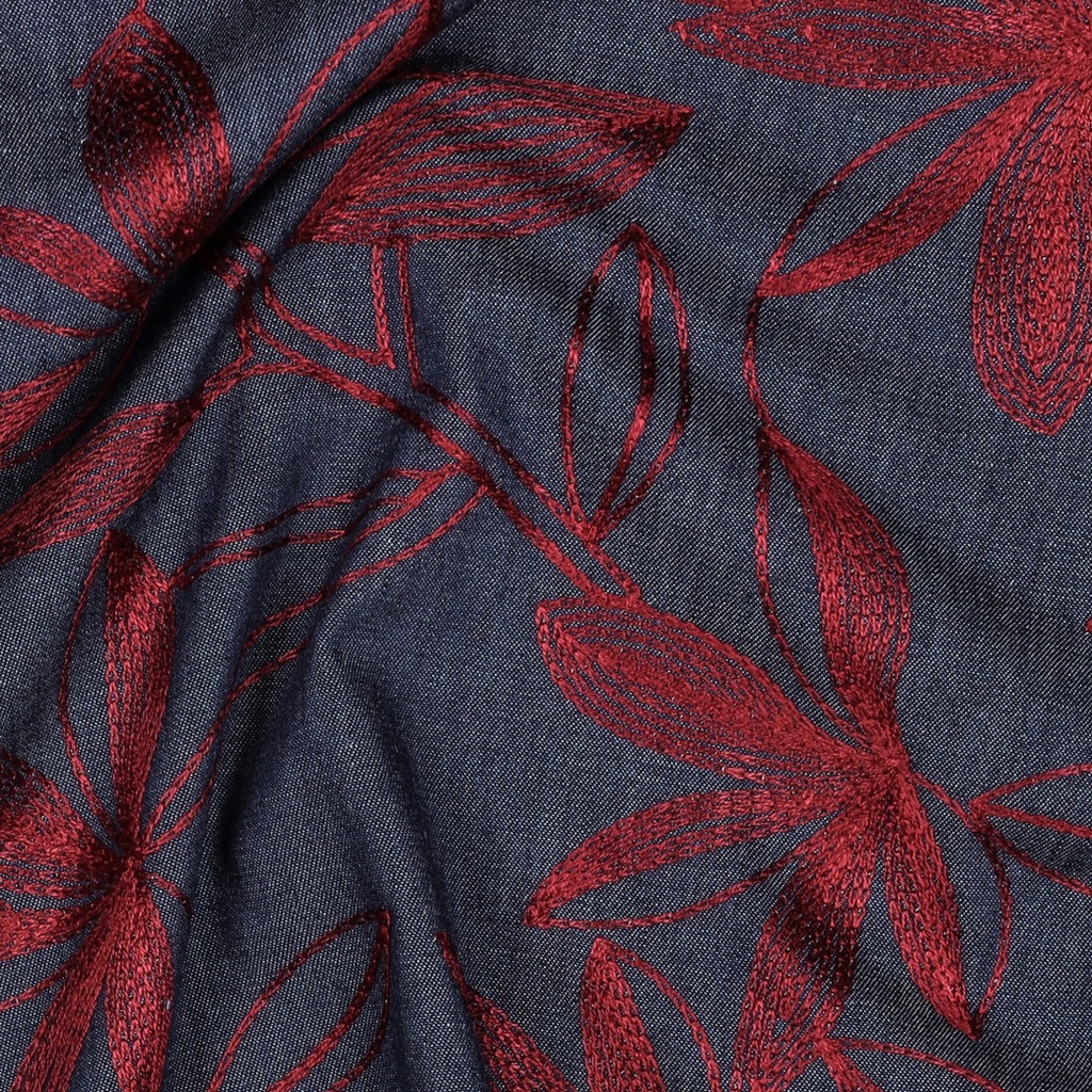 Jeans Broderie Burgundy Flowers Dark Blue