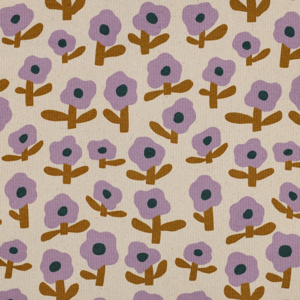 Jennifer Bouron Organic Rib Jersey Flowers - Natural/Lavender