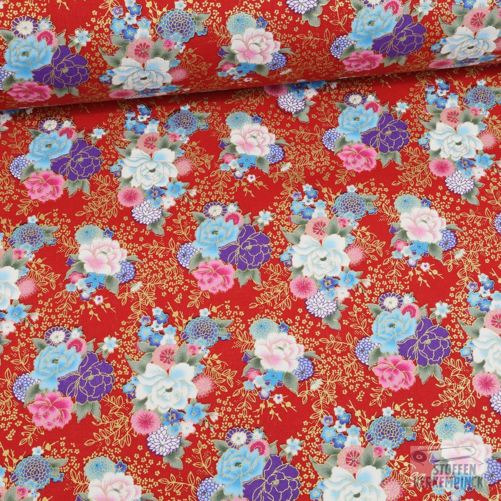 Katoen Foil Roses Dark Red